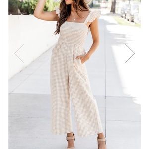 COUNTRY AT HEART BEIGE SMOCKED BUST GINGHAM JUMPSUIT